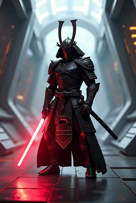 Samurai armor, high tech, darth vader wielding a red lightsaber katana. Battle stance lit by blade. Sci fi spaceship interior, highly stylized armor (priority: only one light saber katana, katana has only one blade)
