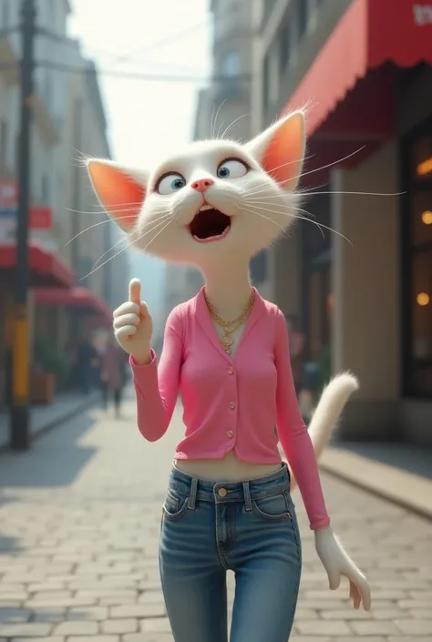 A slender white cat wearing a pink top and blue jeans is surprised to point and open its mouth and eyes in the city