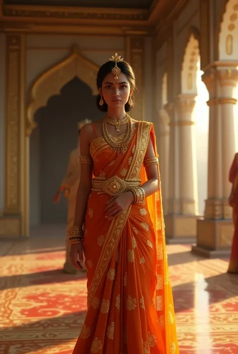 Generate a high quality, realistic seen in cinematic 3d style.  

A beautiful and graceful queen in traditional Indian attire, adorned with gold jewelry, standing beside the king.
