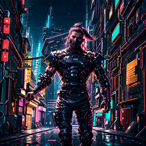 Cyberpunk AI, neon,  1 man ,  samurai, neon hair, neon eyes,  ponytail hairstyle, Black Armor,knife, Food Up, secretly, mask,goggles, samuraiソード,Back Alley,profile,Ninja Running,Afterglow