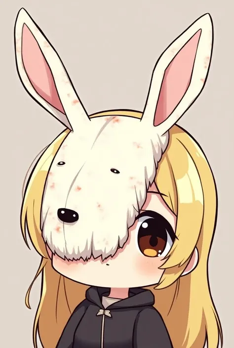 Twitch emote blonde Chibi ,  long hair , ojos marrones,  that wears the mask of the character from Dead by Daylight called the jacket that is shaped like a hare, The mask is white ,  covers only up to the nose,  the left ear of the mask is slightly broken ...