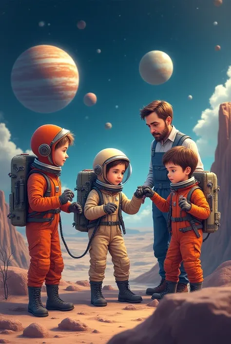  A group of kindergarten ren,  with their male teacher ,Explore space suits , with lots of planets in the background