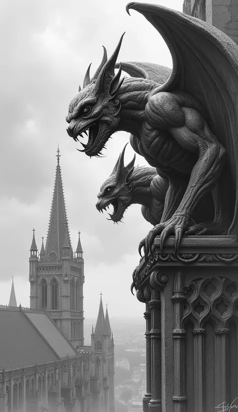 Edgy pencil drawnings of A close-up of intricately detailed gargoyles with exaggerated, monstrous expressions, perched high atop a gothic cathedral, overlooking a stormy sky