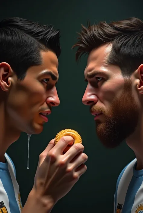 Cristiano Ronaldo eating an alfajor, Messi crying 