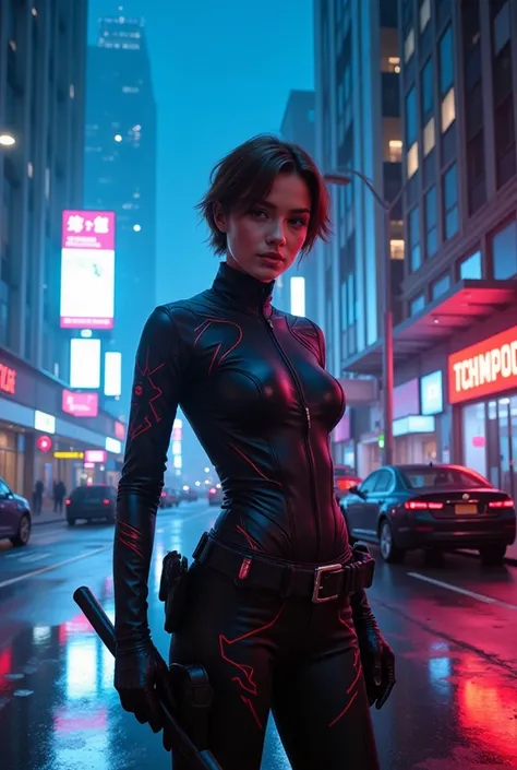 a sexy female police officer , cyberpunk style, neon lights, futuristic police short uniform, baton in hand, short hair