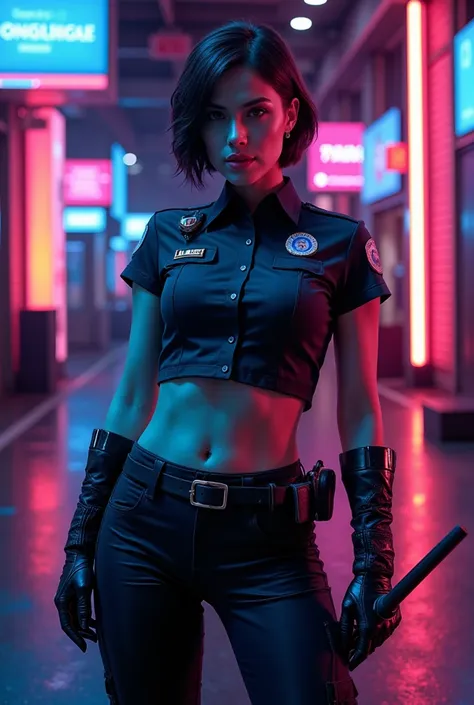 a sexy female future police officer , cyberpunk style, neon lights, futuristic police short uniform, baton in hand, short hair