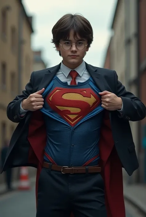 Harry Potter est déguiser en Clark kent, ouvrant sa chemise pour laisser apparaître le costume de Superman 