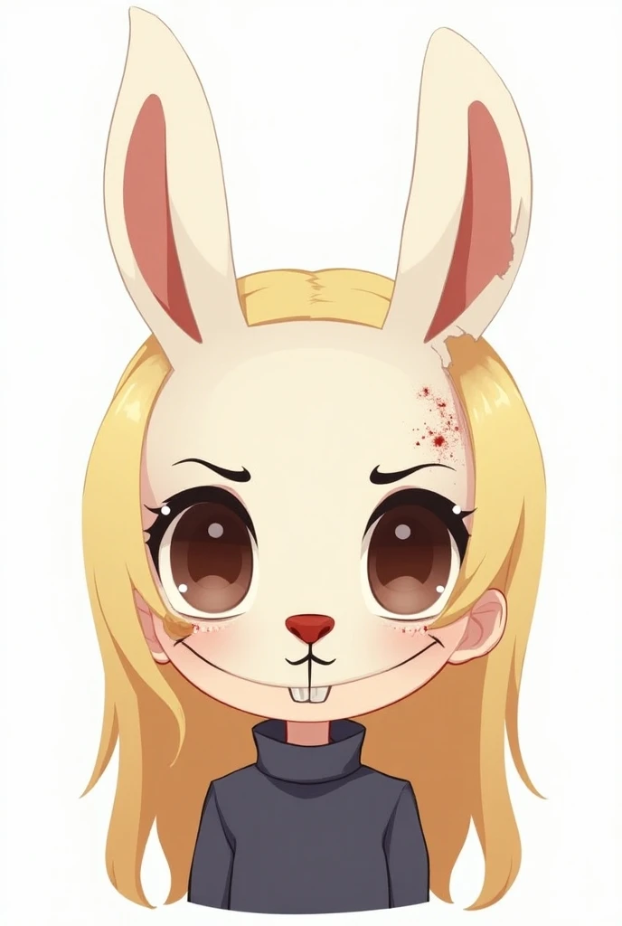 Twitch emote blonde Chibi ,  long hair , ojos marrones,  that wears the mask of the character from Dead by Daylight called the jacket that is shaped like a hare, The mask is white ,  covers only up to the nose,  the left ear of the mask is slightly broken ...