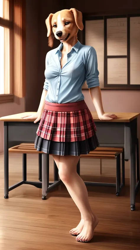 Female dog student in classroom, (Embarrassing expression), (cute dog woman), (embarrassing), ((Medium Breast)), ((very fitted colored shirt)), checkered pleated skirt, loafers, Knee-length skirt, Best Quality, ultra high resolution, (Realistic:1.85), Beau...