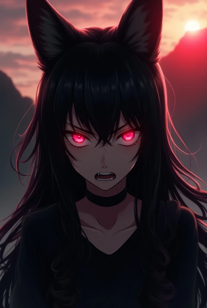  Anime style,  Woman fox ears and fox tail ,  black hair ,  scared , black clothes, right side right profile zoom only face from ears to neck crimson red eyes fiery red reflection on a mountain left side smoke 