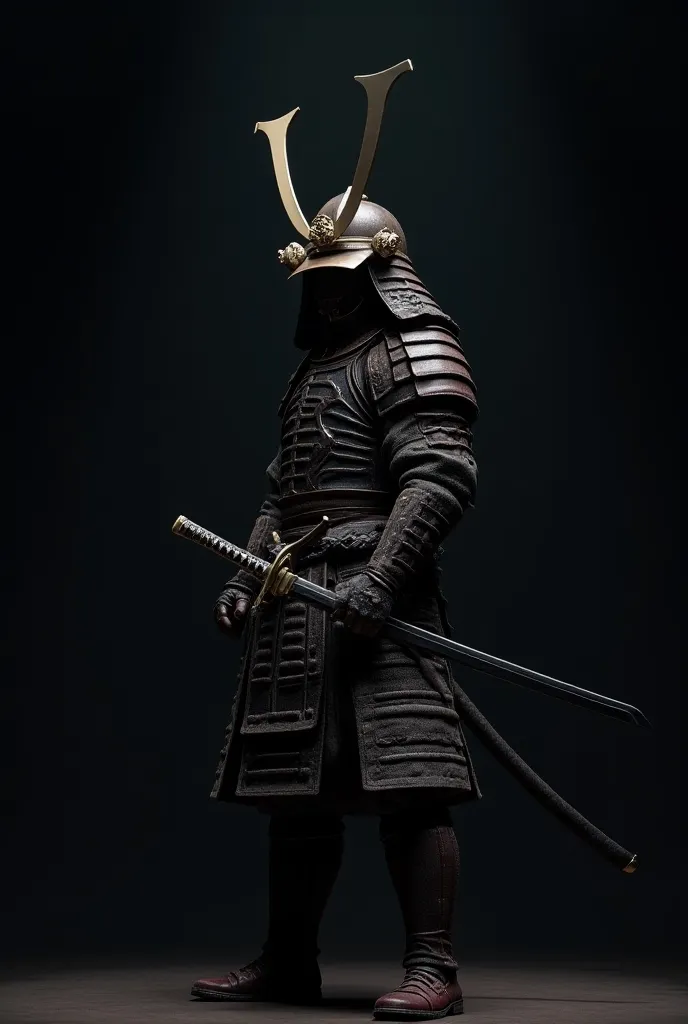 ((masterpiece, highest quality, Highest image quality, High resolution, photorealistic, Raw photo, Extremely detailed CG unified 8k wallpaper)), Dramatic Light, Volumetric Light, A samurai wearing armor and a helmet is holding his sword, action pose, attention to the sword as a beautiful work of art, simple background, dark background, the sword reflecting light,