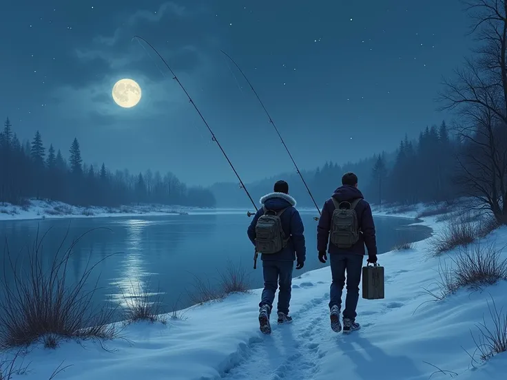 Two young men carrying fishing gear make their way to the reservoir on a winter night.