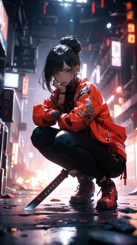 (masterpiece:1.2), Best Quality,CG,3d, Samurai Girl,
1 sister, red eyes,  ear nipple ring, Alone, Hair Color,  jewellery,  watching the audience, vague, 全身のwomanの愛, Through the bangs, Redhead clothes,  jacket, squat, vague的背景,  color, Short hair details,  ...