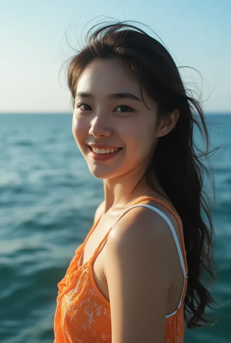 Best Quality,Masterpiece,Ultra High Resolution,(Realisticity:1.4),Original Photo,Cinematic Lighting,
1Girl,smile,backlighting,ocean,