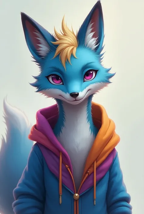 Male Furry blue fox with purple eyes and blond hair and rainbow hoodie