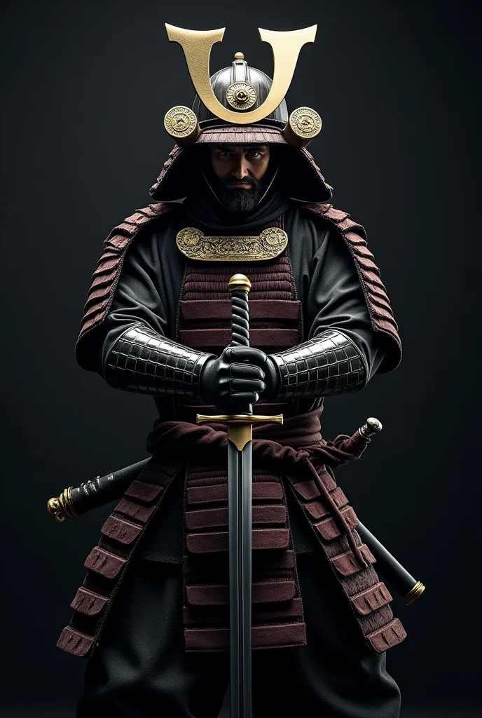 ((masterpiece, highest quality, Highest image quality, High resolution, photorealistic, Raw photo, Extremely detailed CG unified 8k wallpaper)), Dramatic Light, Volumetric Light, A samurai wearing armor and a helmet is holding his sword, can't see his face, action pose, attention to the sword as a beautiful work of art, simple background, dark background, the sword reflecting light,