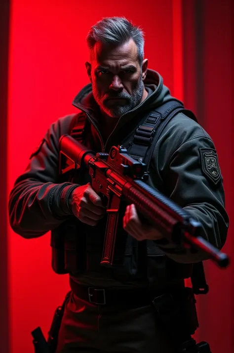 Man with sub machine gun   red light in background 