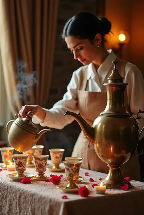 In a warm, inviting atmosphere, a large, ornate brass samovar with intricate etchings sits proudly in the corner, its body adorned with a subtle patina, steam rising gently from the curved spout as a young server, with smooth, olive-toned skin and dark hai...