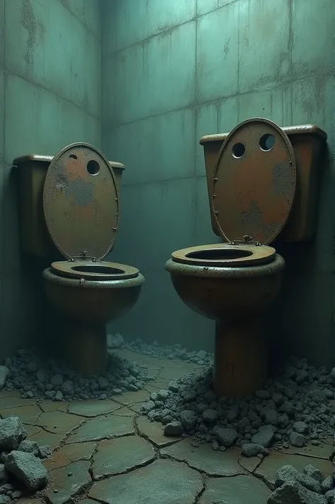 "Two large, eerie toilets emerging from the ground, with human-like features. The toilets are made of old, rusty metal, with cracks and faded, peeling paint. Instead of normal toilet seats, there are unsettling, humanoid faces where the lids should be. Aro...