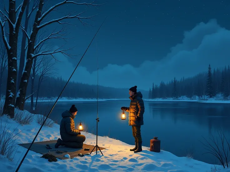 Winter Reservoir .  Two young men talking with each other while setting up fishing equipment at night