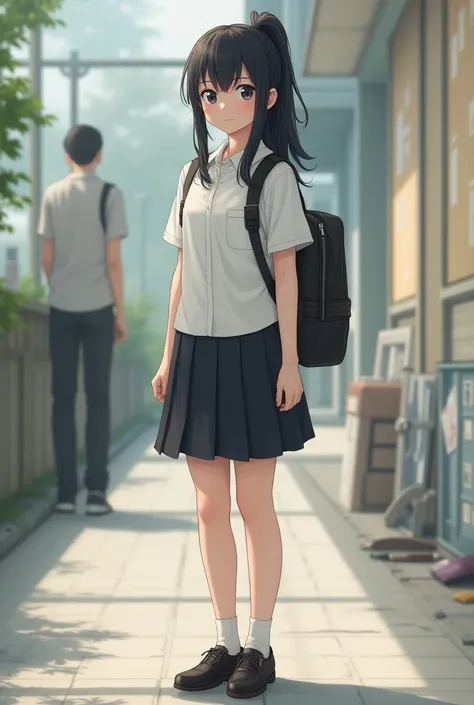 A school student girl with black hair and a ponytail wearing school clothes 