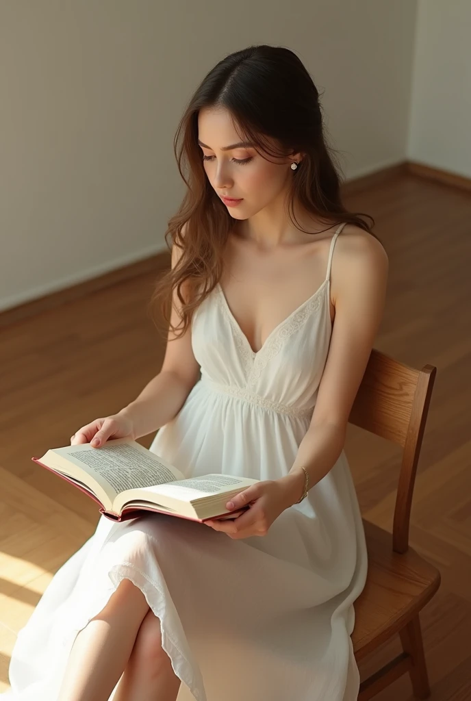 s arafed  girl s hold in a white mini dress laying on the floor reading a book, on wooden table, lovely languid princess, seated on wooden chair, on a wooden table, wooden floors, sitting on a mocha-colored table, ukrainian  girl, on a white table, seducti...