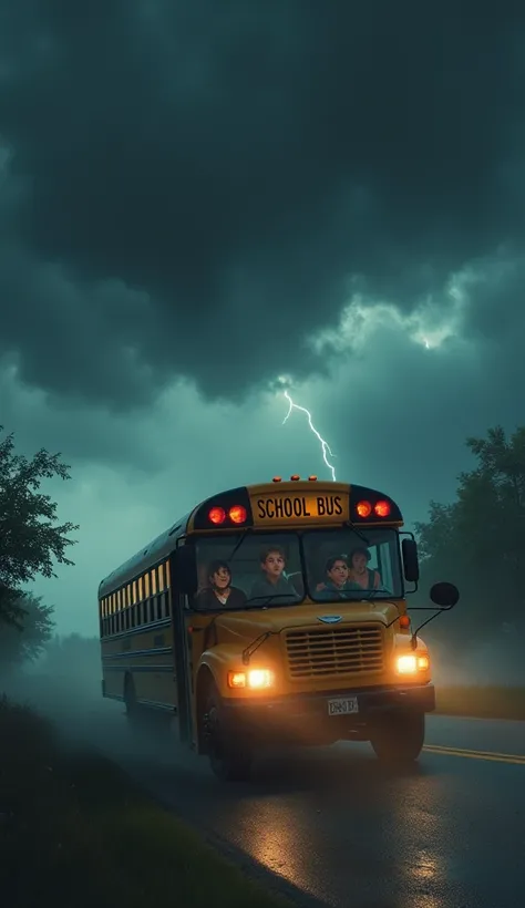 ### Scene 2: The Sky Turns Dark
- **Prompt**: "The school bus in the foreground, now driving under dark, stormy clouds that suddenly appear, casting a shadow over the scene. A sense of foreboding is present as lightning strikes in the distance, and shadows...