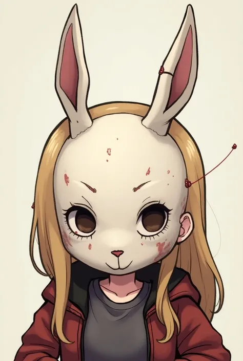 Chibi blonde ,  long hair , ojos marrones,  who wears the mask of the character from Dead by Daylight called the jacket that is shaped like a hare, The mask is white ,  covers only up to the nose,  the left ear of the mask is slightly broken ,  eyes look d...