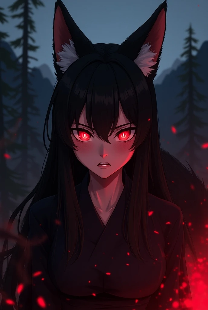  Anime style,  Woman with fox ears and fox tail ,  long black hair,  scared , medieval black costume , right side right profile ,  showing half of the face zoom only face from ears to neck crimson red eyes reflection red fire intense on a mountain,  left p...