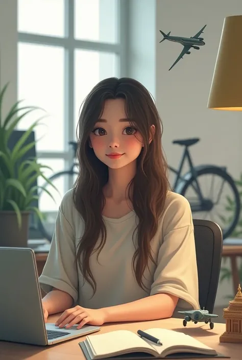 Draw an image of a girl with a long wavy hair with a fair skin whos working as a software developer . Whos love the airplane, Yoga mat and hiking. She loves bike , s and temple 