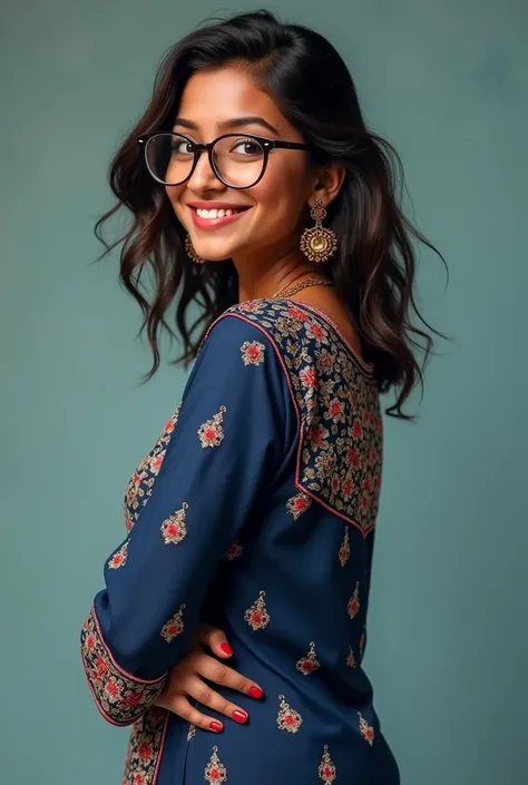 30 year old short Indian girl in navy blue chikenkari kurti with embroidery work, smiling face,round specs,showing butt to the camera