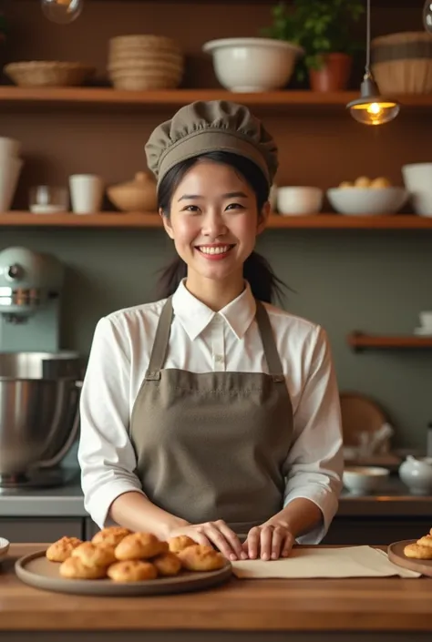 Create the realistic image with asian thai adult happy woman character scene with bakery hat and suit and bg like as https://www.shutterstock.com/image-photo/man-down-syndrom-helping-prepair-bread-2239624035