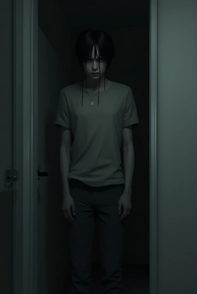 Sad boy,standing in his room,years falling from his eyes,