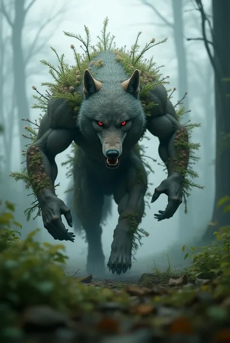 A muscular, hyper-realistic, 16k resolution, Unreal Engine style hybrid wolf fused with sage plants. The muscular wolf has an intense, fierce expression, with glowing red eyes and an angry demeanor. Sage plant branches and flowers cover its entire body, bl...