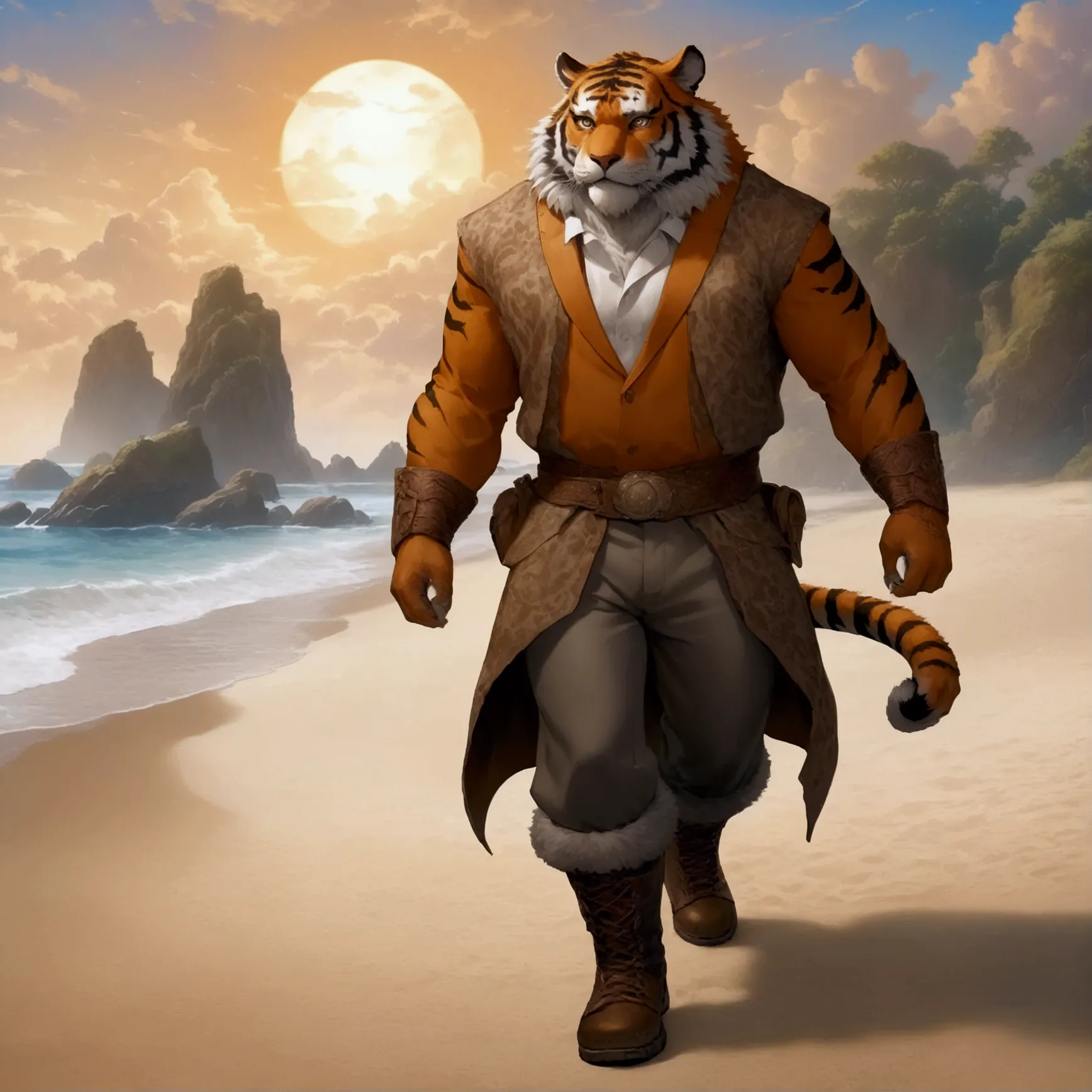 character focus, full body, looking away, dynamic angle, european fantasy, a middle-aged tiger man, heroic costume clothes, jack...