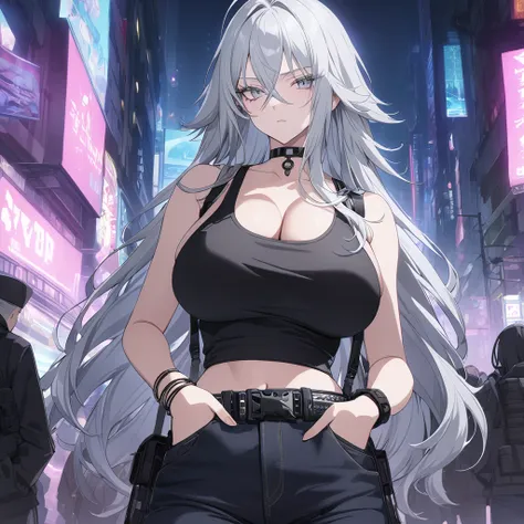 sovetsky_soyuz, grey hair, long hair, black tank top, tight black jeans, belt, bracelets, midriff, choker, webbed belt, tactical...