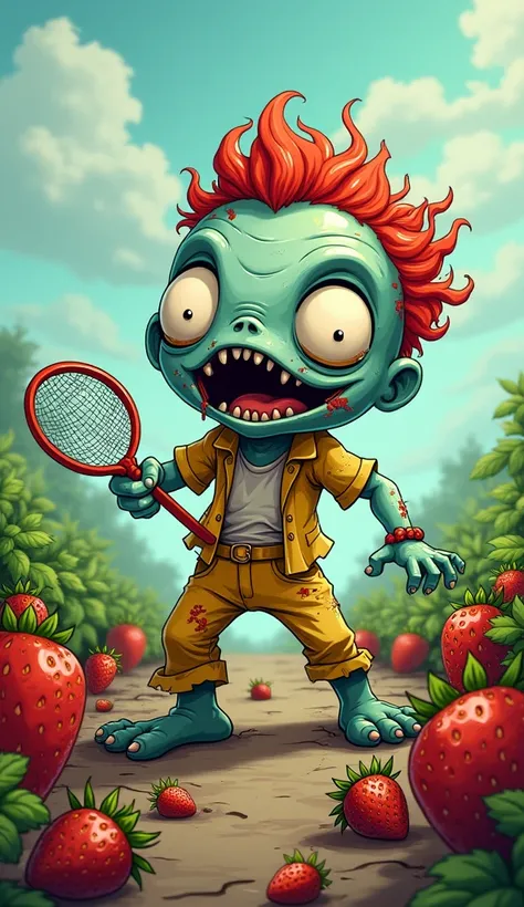 Create a highly detailed cartoon style zombie character, called a combi. The zombie should have a round head with big, wide eyes and a wide open mouth, and be a little creepy. Its skin is blue-green with cracks and some scars, and red hair. It wears a tatt...