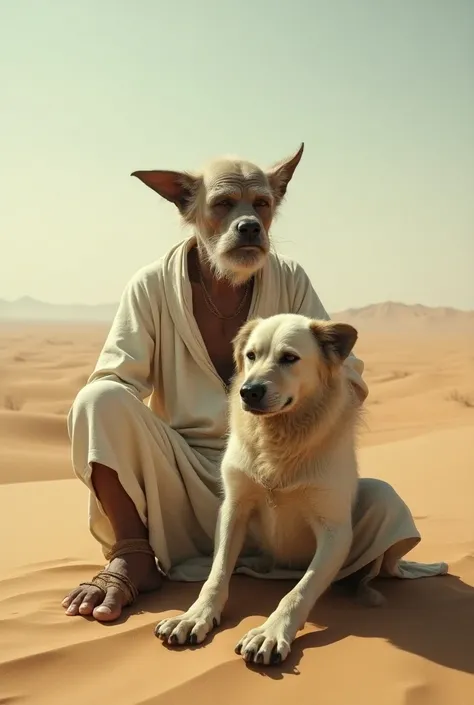  Old photograph , an elderly,  sitting in the middle of the desert ,  worn white cloth clothes , Sandals,  a black dog sitting next to him, very large dog , excessively large,  dog with an old mans face  