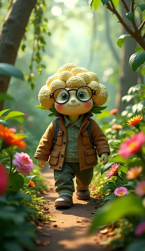 "A cauliflower, in a farmer’s jacket and glasses, wanders through a lively jungle in the middle of the day. Sunlight pours in from above, illuminating the colorful flowers and exotic plants that line the path."