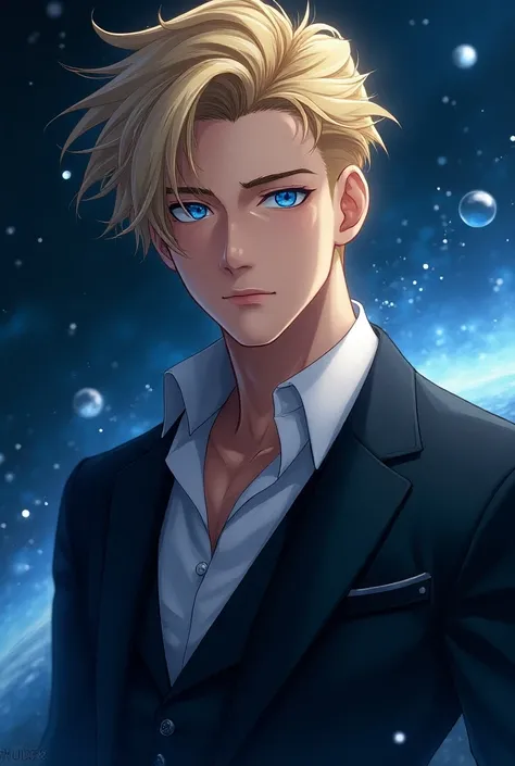 1 male, ikemen, anime, space, sci-fi, dynamic camera work, blonde, clean face, blue eyes, stars, smirk