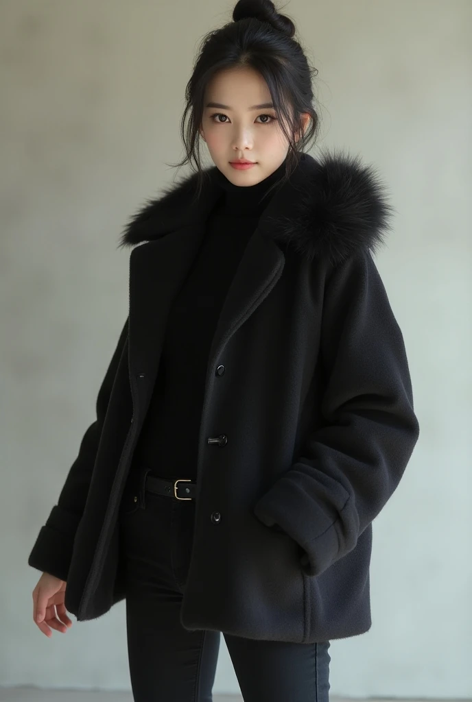 A BEAUTIFUL HOT JAPANESE girl wearing winter coat with BLACK JEANS WITH BLACK HEELS WITH WHITE SOCKS.