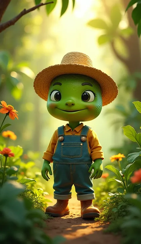 "A Brussels sprout, in a farmer’s outfit, walks through a sunlit jungle. The jungle’s lush greenery is bathed in warm daylight, and the air is filled with the sounds of chirping birds and rustling leaves."