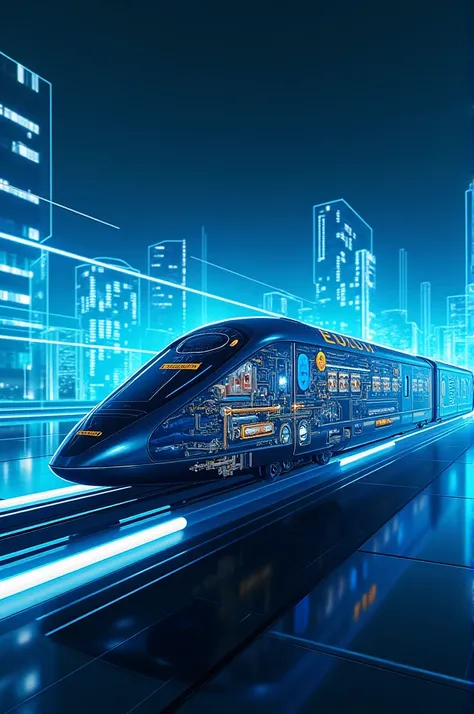 Maglev train four side view with its structure and its mechanism in a poster in blue neon lights