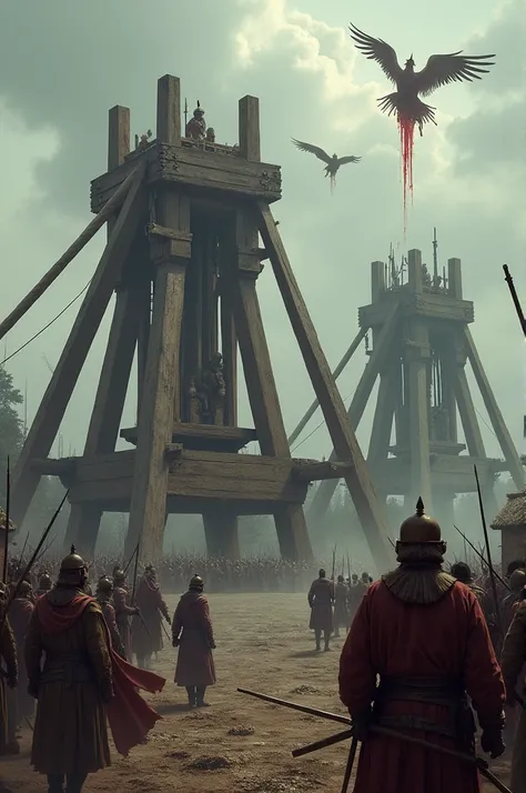 
Invented Bio-Warfare?:** Genghis Khan’s army using massive wooden catapults to launch plague-infected bodies over the walls of a besieged city. The soldiers operate the catapults with determined expressions, and the defenders inside the city walls react i...