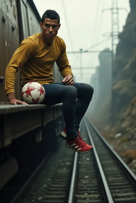 FOOTBALL DRESS RONALDO TRAIN KI PATARI PER BAITHA HAI TRAIN MEIN SE CHALA RAHA HAI TU KAISE RONALDO KO BACHAYEG