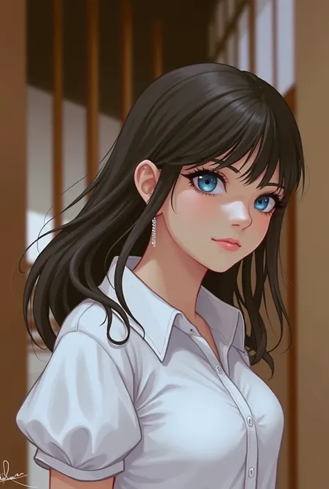 1girl, Blue eyes, Blurry, Black Hair, Earrings, 