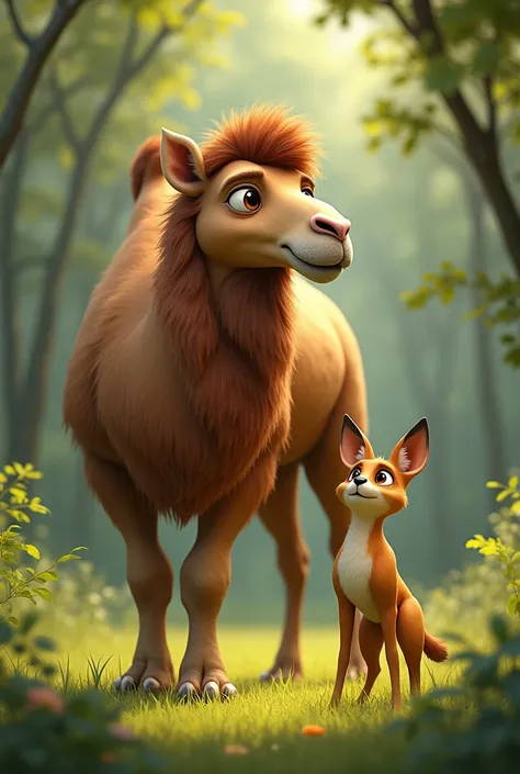 A friendly camel and a small, sly jackal standing side by side in a grassy forest clearing. The camel looks calm and gentle, while the jackal appears curious and mischievous, with a playful glint in his eye.