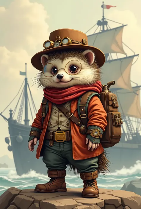 Illustration,  Anthropomorphic fluffy cute steampunk style travelling hedgehog, steampunk era travelling hedgehog, dressed in steampunk style, steampunk glasses, steampunk hat, steampunk boots, steampunk backpack, steampunk watch on his hand, steampunk jac...