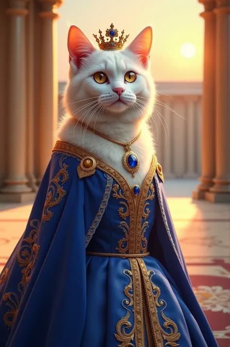 A refined white cat with striking golden eyes, dressed in a royal blue gown with bronze embroidery and delicate lace details. Her crown features sapphire stones, and she stands in a regal palace courtyard bathed in warm sunset light. 