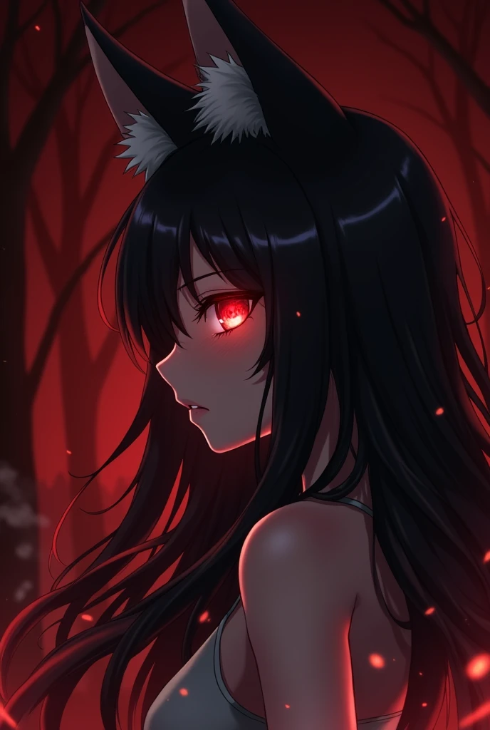 Amime style ,  Woman with fox ears ,  long black hair , Black suit,  right part of the frame ,  right profile only showing half of her face crimson red eyes reflection an intense red fire,  scared face with a tear ,  left side of the picture smoke and spar...